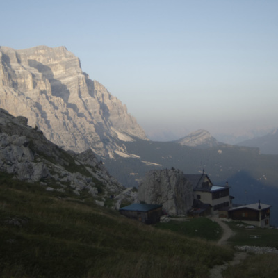 Looking past Rifugio coldai to Pelmo in the early evening