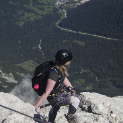 Emily taking a well deserved rest on the Via Ferrata and enjoying the view looking back
