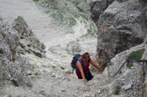 Gem climbing a short section of cabled path leading to Stevia