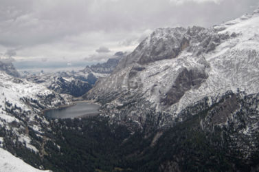 Lake Fedaia in the distance with Civetta further away Lake Fedaia down the valley